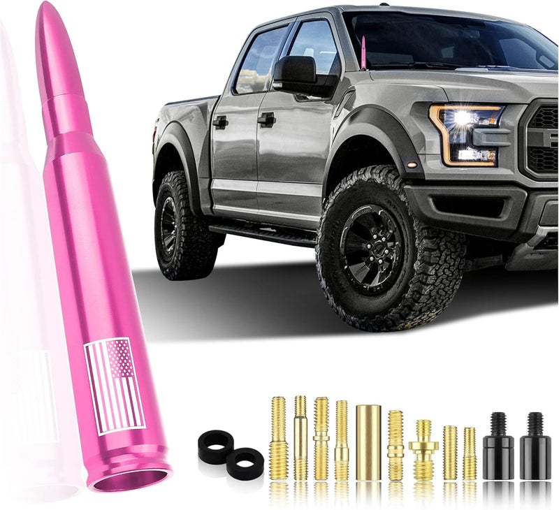 Turcee Car Bullet Antenna,Truck Exterior Decoration Accessories Car Vehicle Replacement Antenna Conpatible with Ford F150 RAM 1500 GMC Heavy Duty Pickup Trucks Accessories(New Upgrade Pink-U.S. Flag)… - Image 1